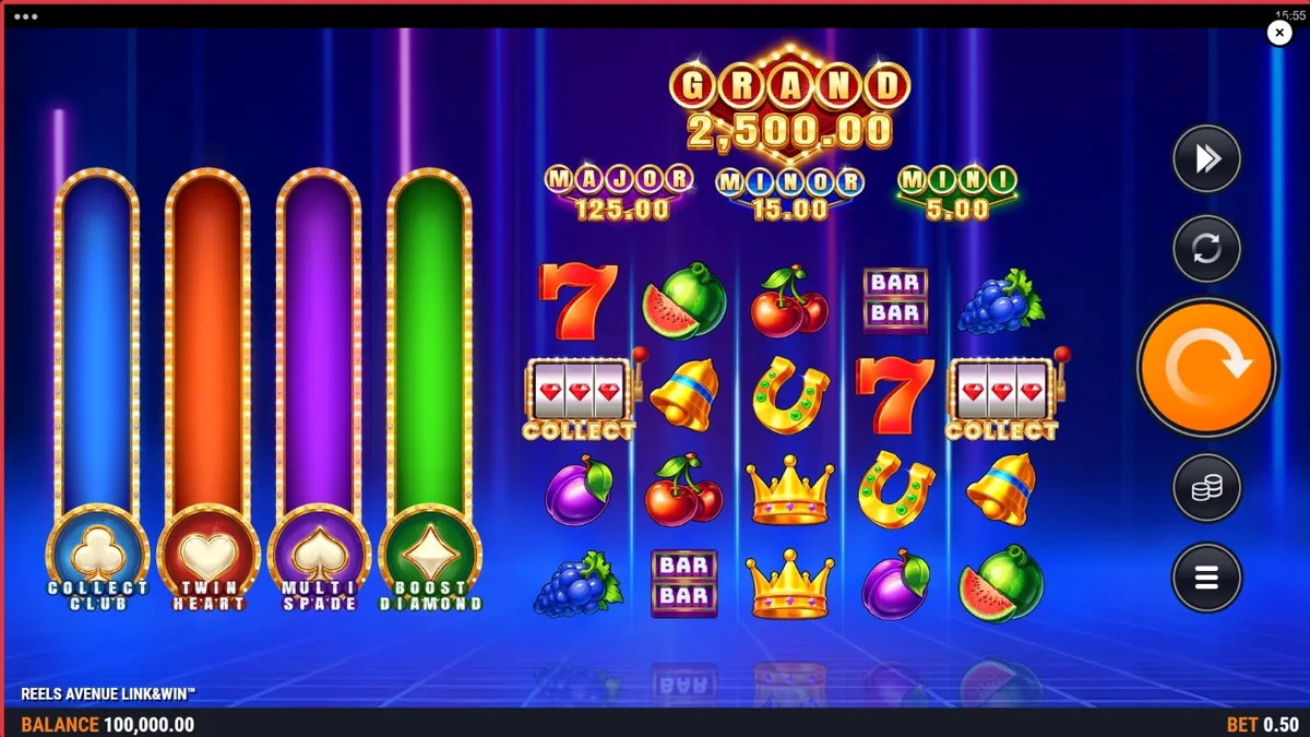 Reels Avenue Link&Win slot neon futuristic interface